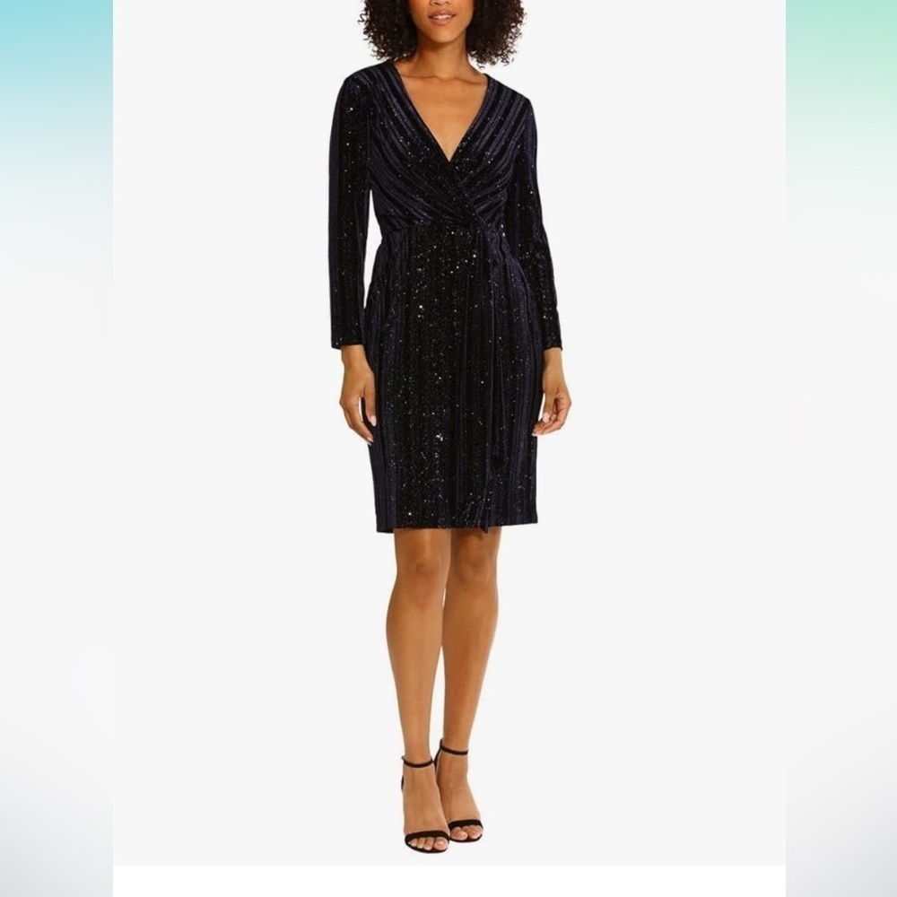 NWT Holiday Foil Glitter shimmer Maggy London V-neck Midi Dress Navy Size 6